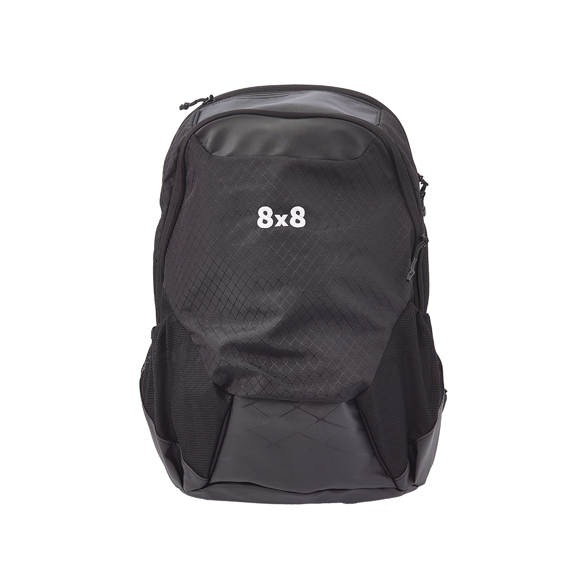 Black 8x8 branded backpack with multiple compartments and mesh side pockets.