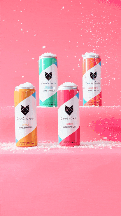 CoolCat sparkling cans in falling pink snow motion GIF, CPG beverage video