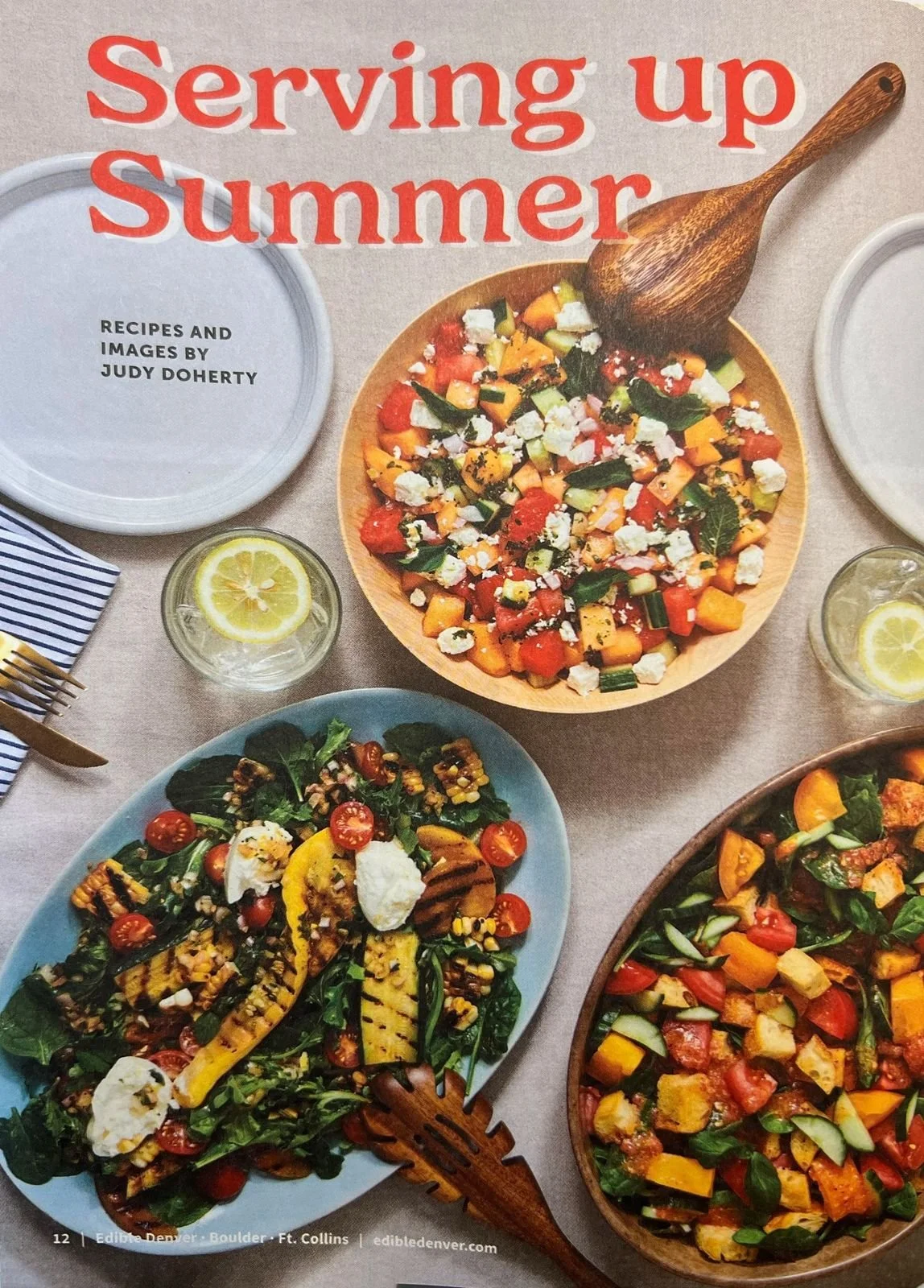 Serving Up Summer recipe cover with salads and grilled vegetables, recipes and images by Judy Doherty