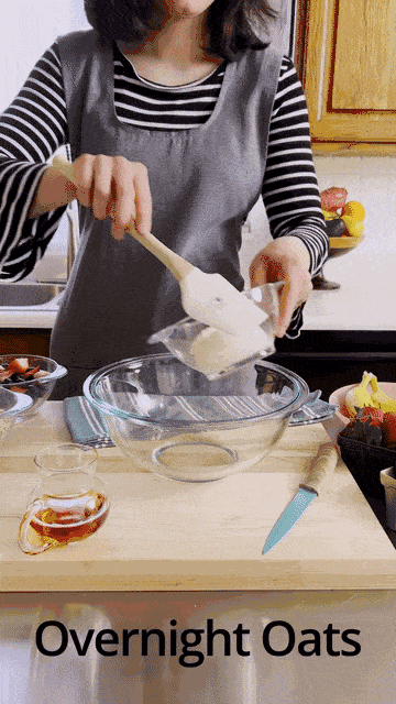Overnight oats being made in a kitchen motion GIF, food recipe video