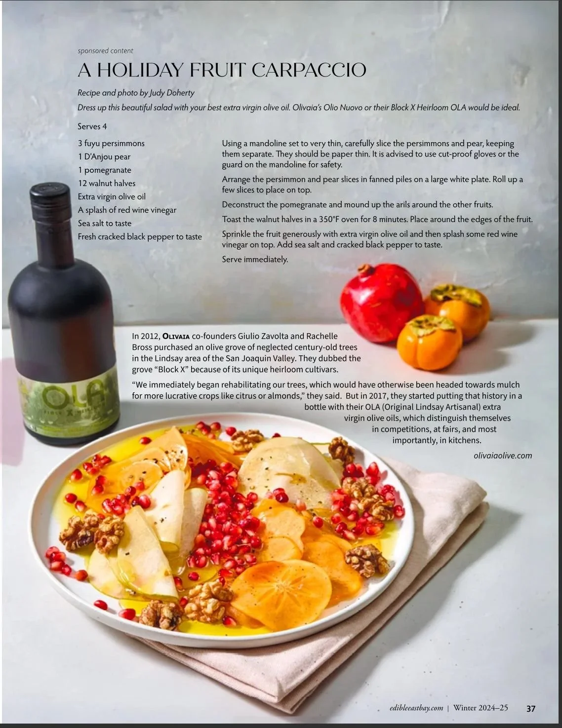 Edible East Bay magazine page, holiday fruit carpaccio with olive oil
