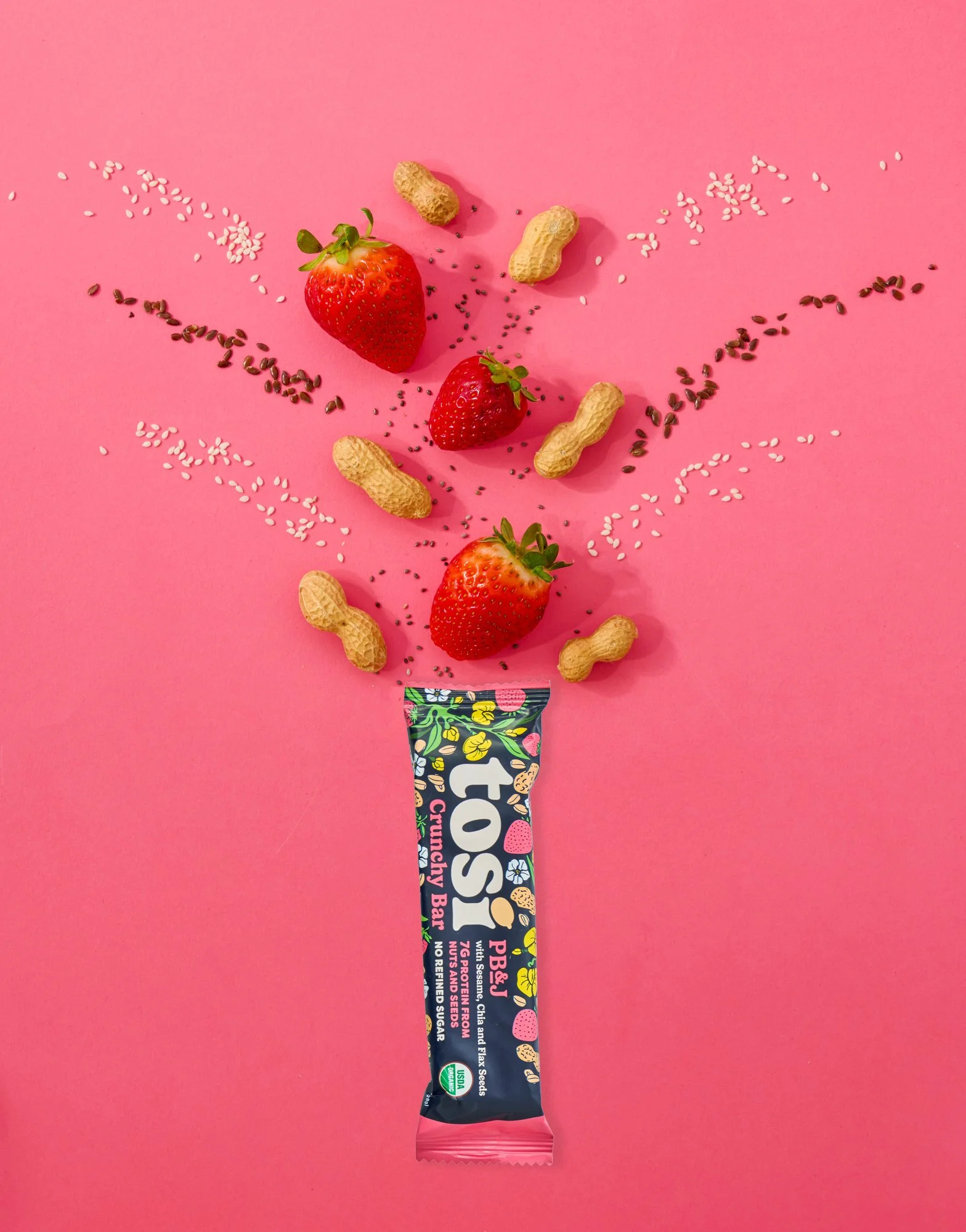 cpg snack bar with creative heart ingredient flow on branded color background