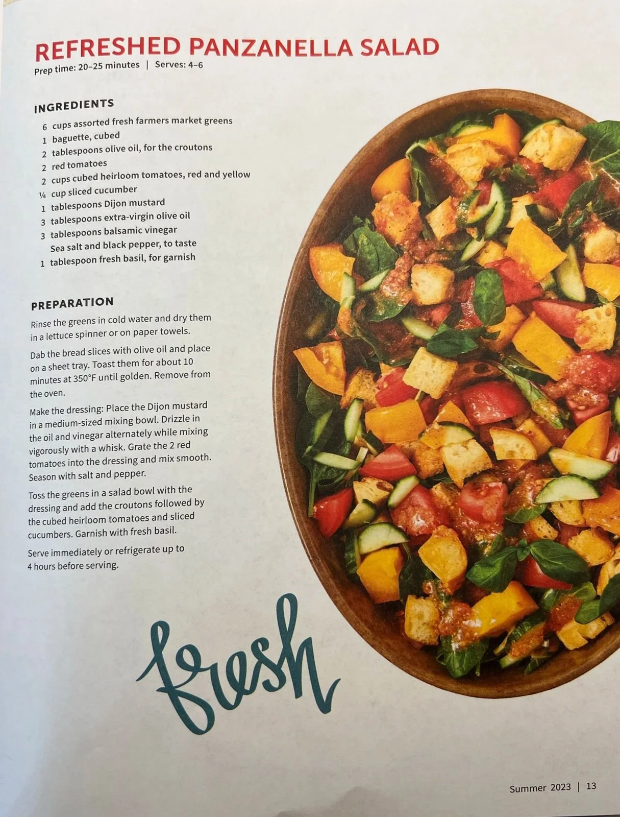 Edible Denver magazine page, refreshed panzanella salad