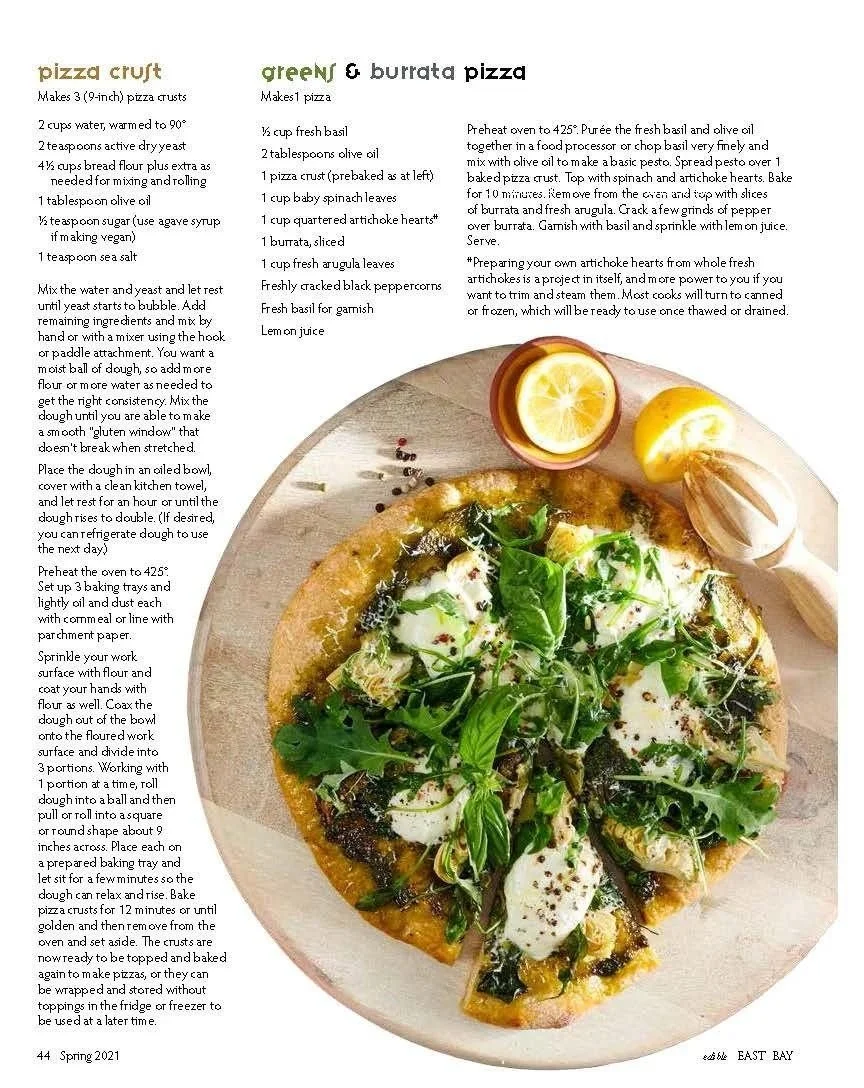 Magazine page, greens and burrata pizza