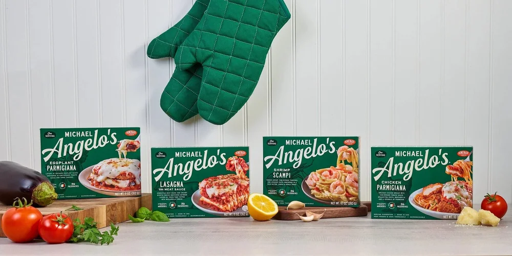 Michael Angelo's frozen meals boxes with an oven mitt, frozen food CPG photography
