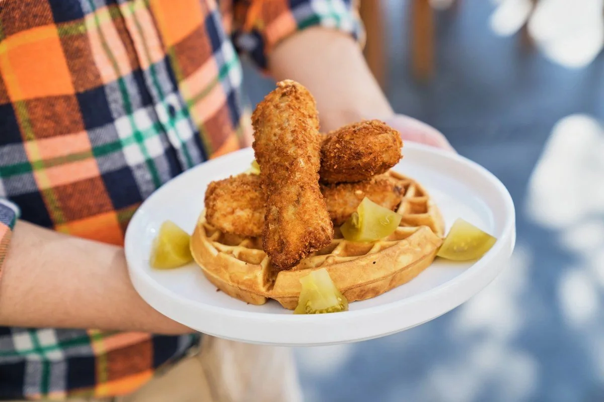 Chicken and waffle on a white plate
