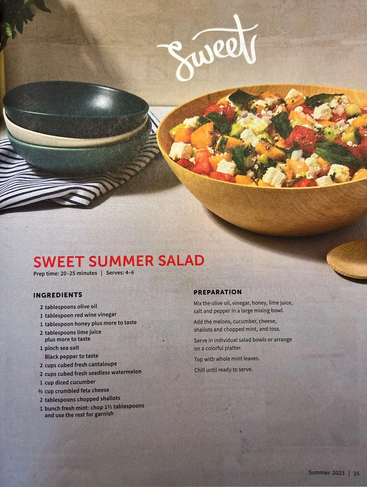 Edible Denver magazine page, sweet summer salad