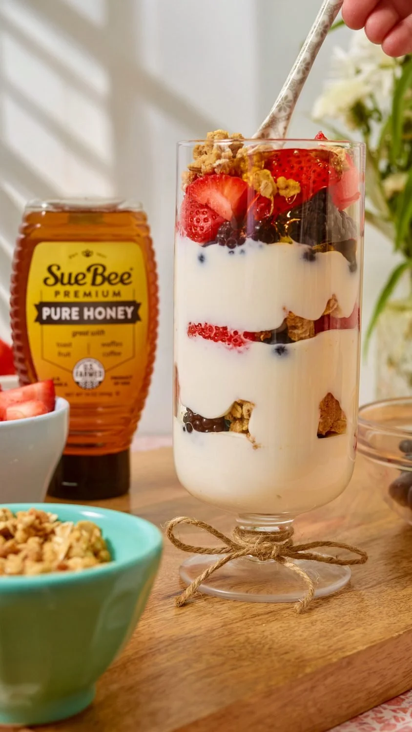 Food styling: yogurt fruit parfait with granola