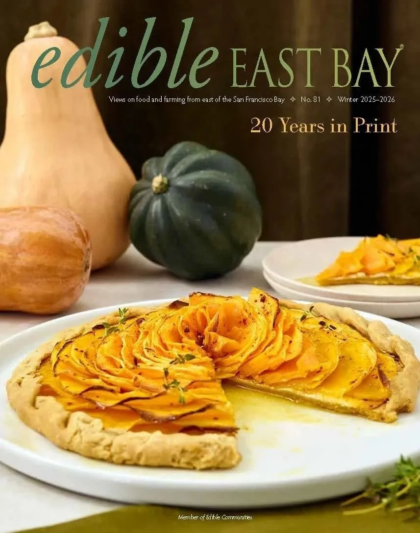 Edible East Bay 20 Years in Print cover with squash tart, editorial food photography by Judy Doherty