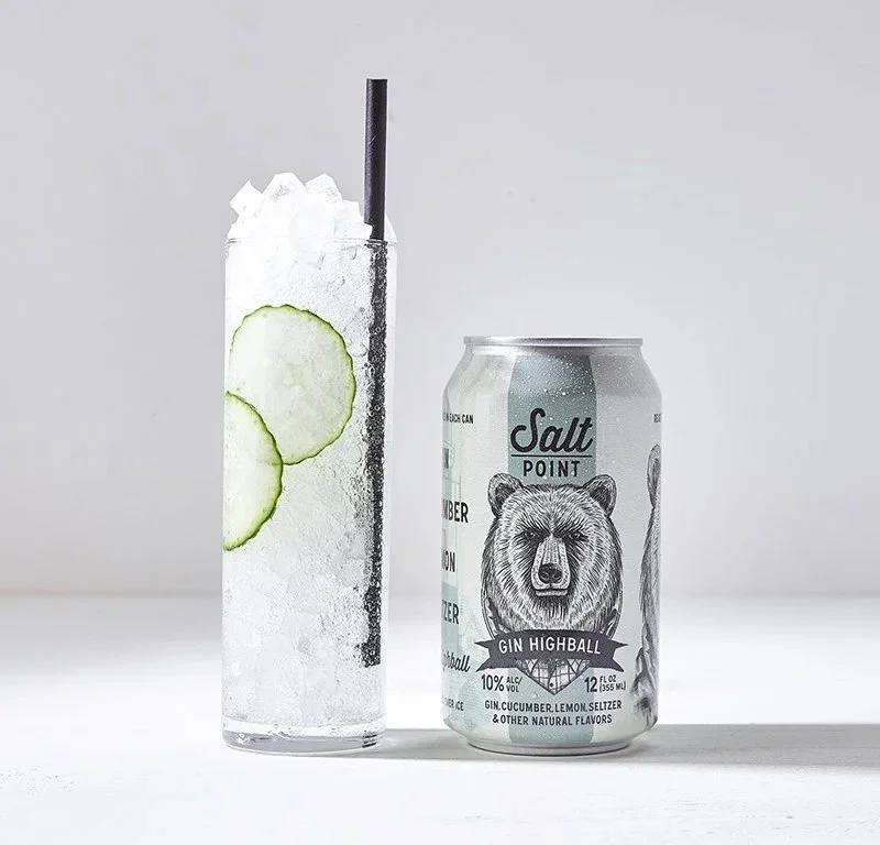 Salt Point cocktail can with an iced cucumber drink, CPG beverage photography