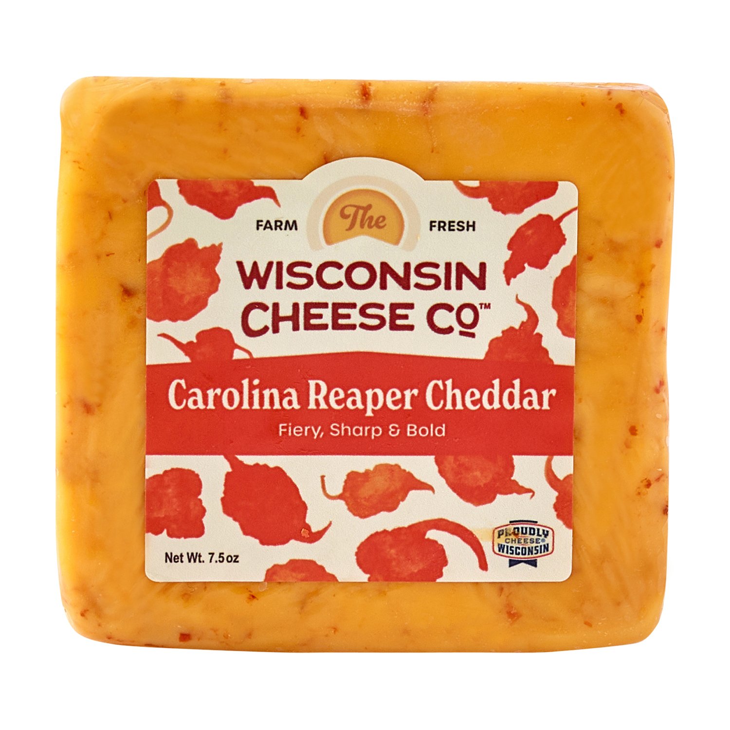 A block of Wisconsin cheese with a label for Carolina Reaper Cheddar, featuring red pepper illustrations and stating it is fiery, sharp, and bold.
