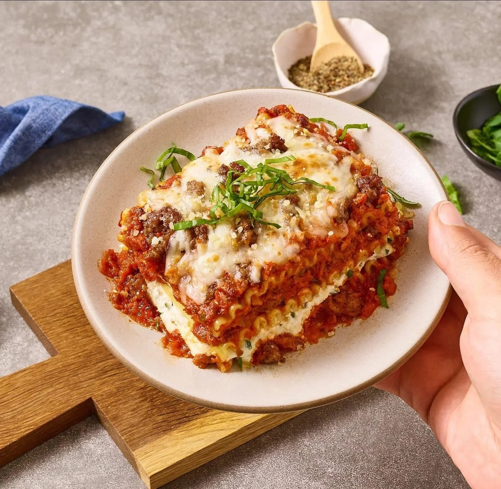 Food styling: plated lasagna with fresh herbs