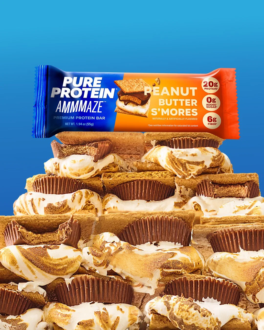 Pure Protein Bar atop a mountain of peanut butter chocolate s'mores hero CPG photography with flavor cues - decadent 