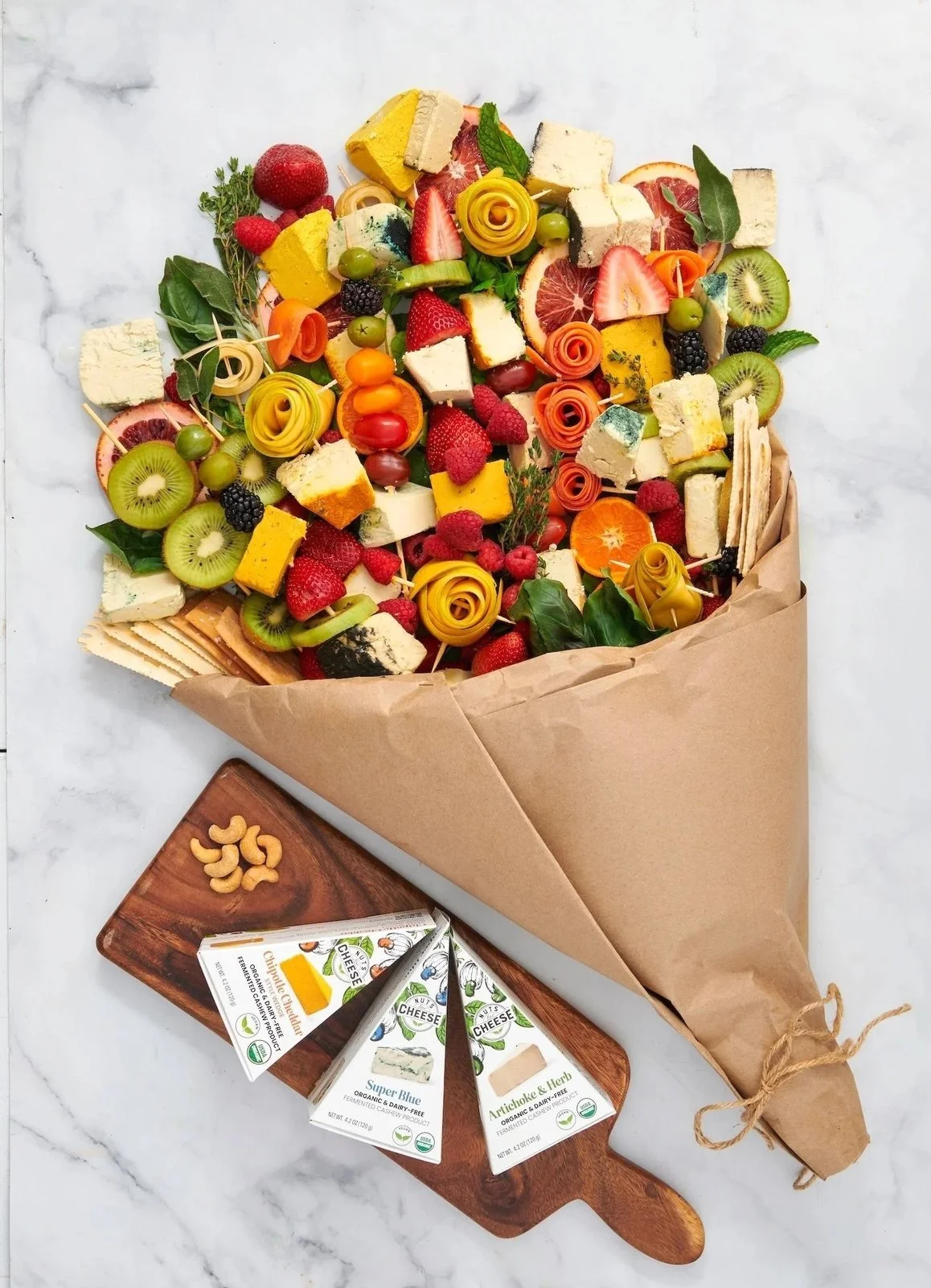 Food styling: fruit and cheese floral bouquet arrangement