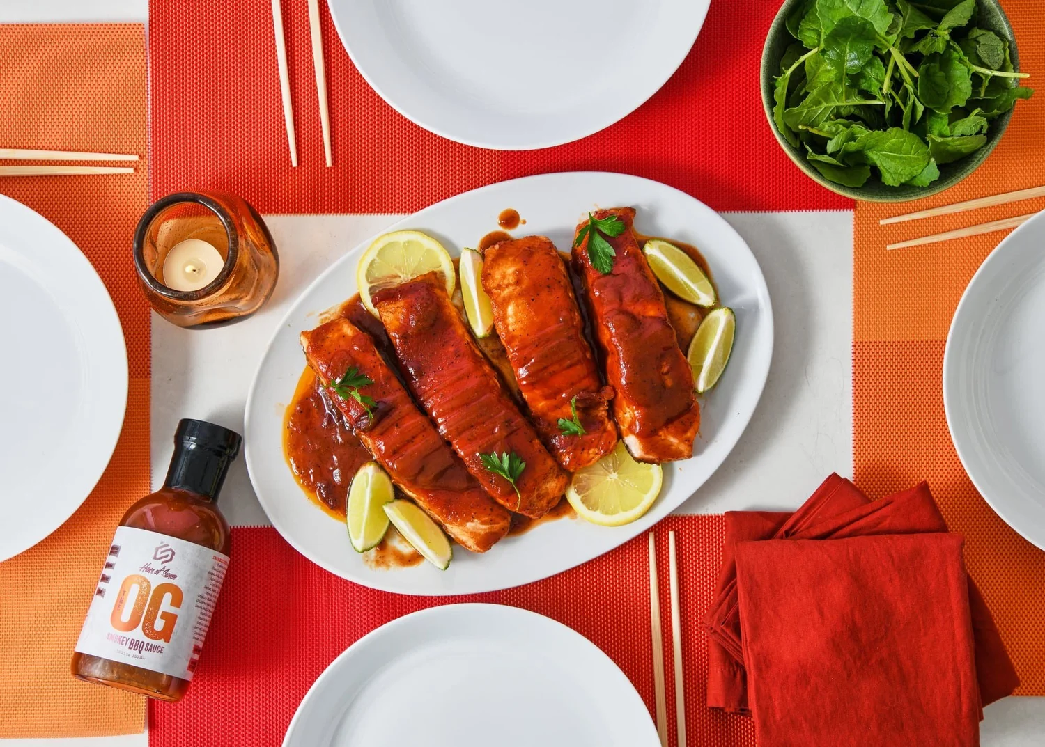 Salmon and BBQ top-down beauty shot