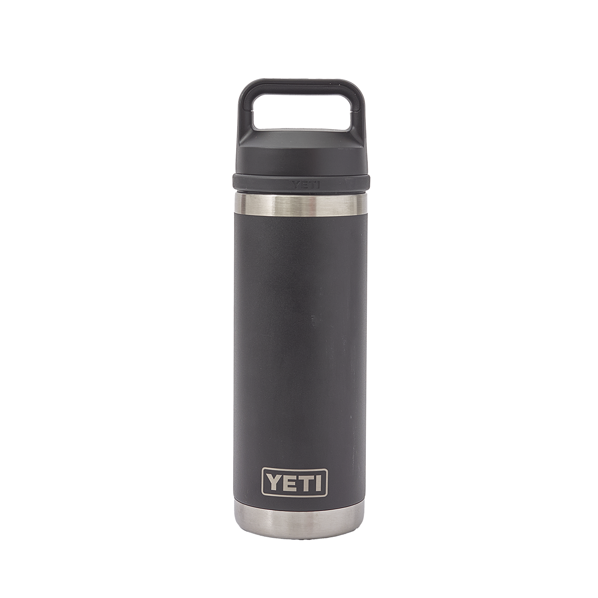 A black and silver insulated YETI water bottle with a handle on the lid, standing upright against a split black and gray background.