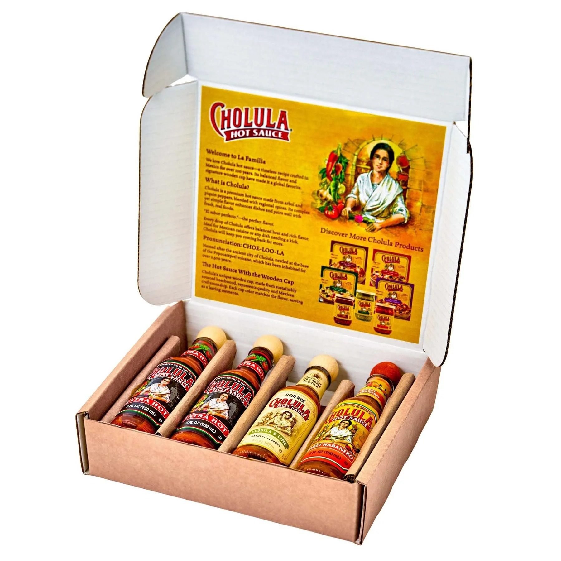 Cholula hot sauce gift box unboxing with bottles, CPG packaging photography