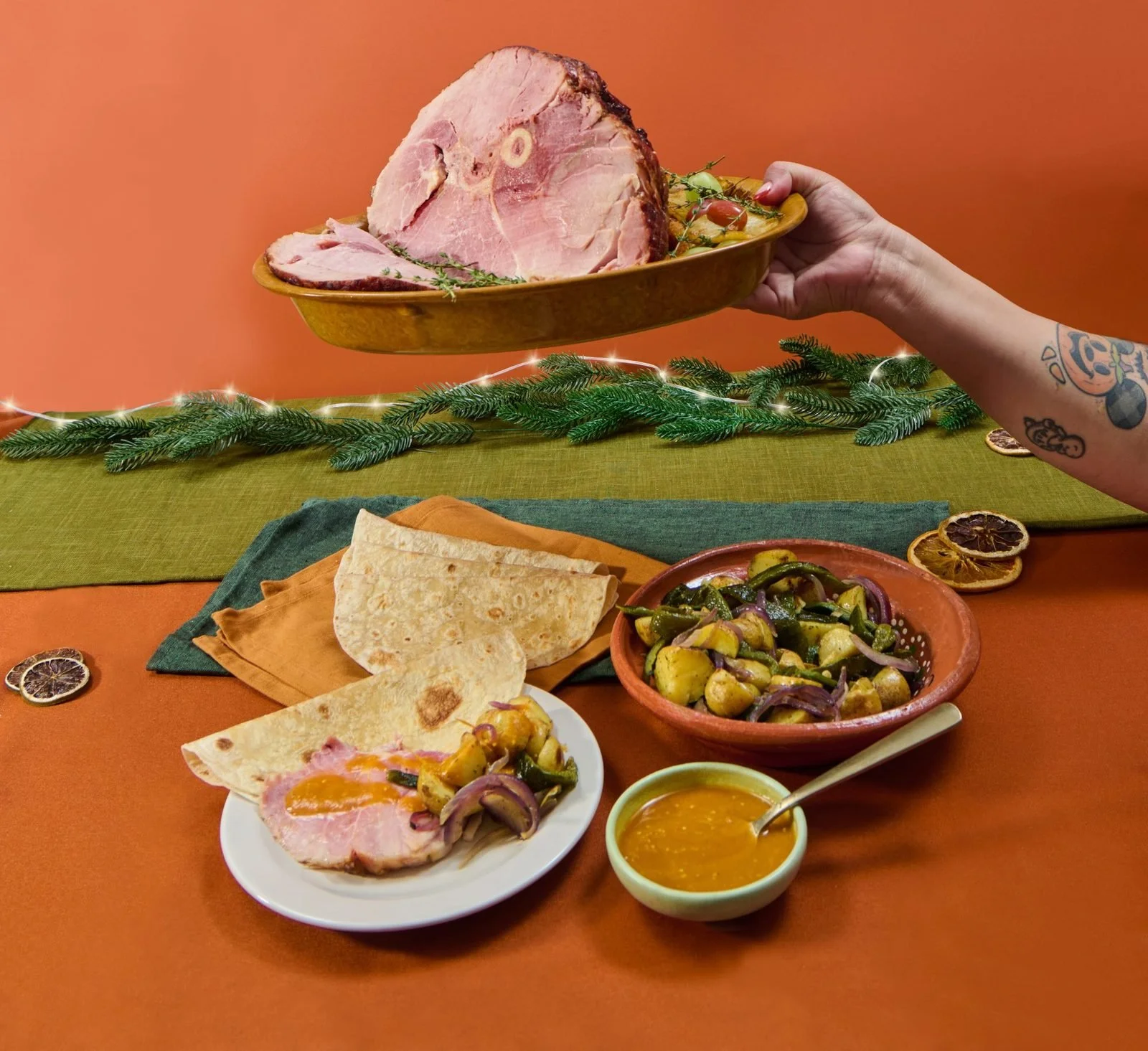 Food styling: holiday ham carved for serving