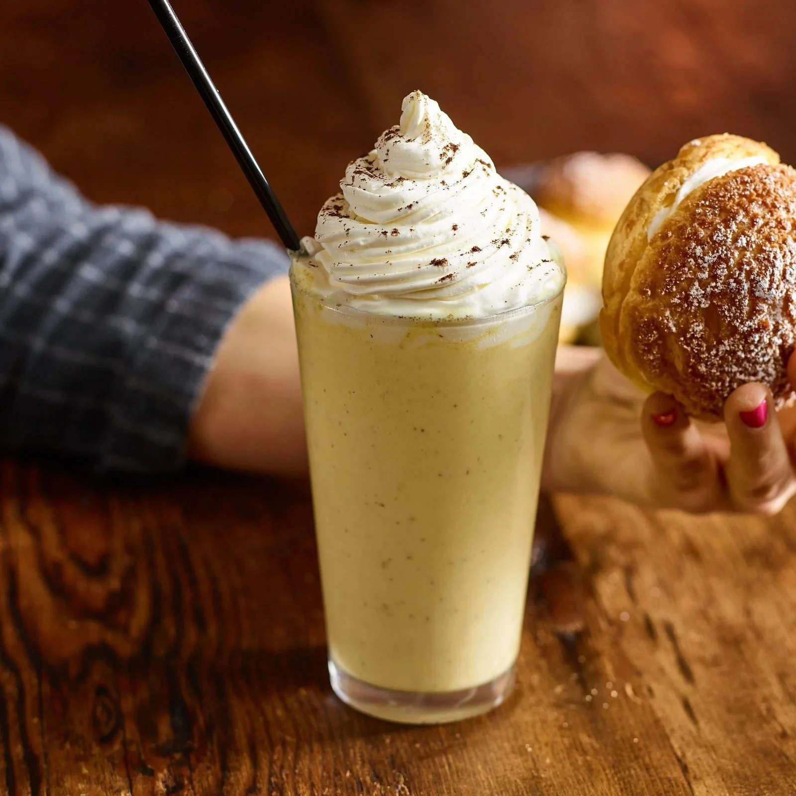 Drink styling: iced coffee topped with whipped cream