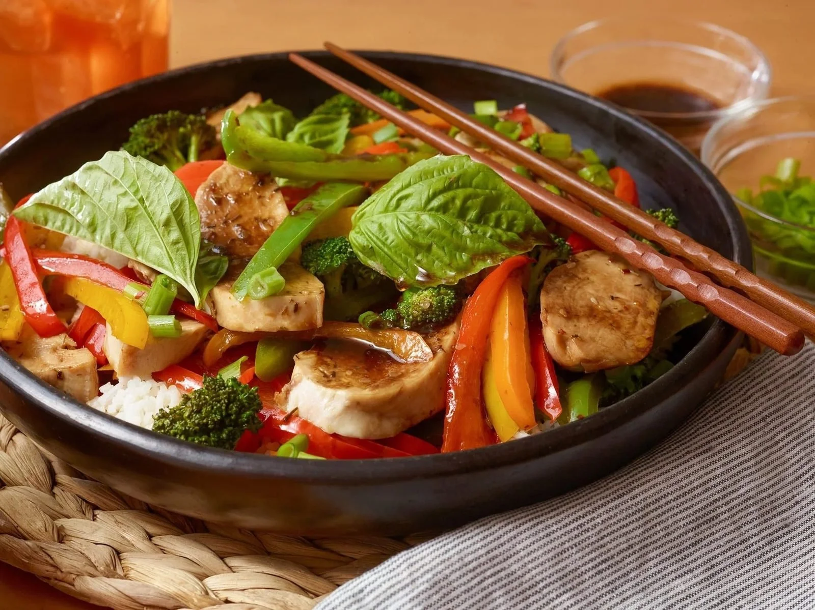 Food styling: vegetable stir fry in a wok