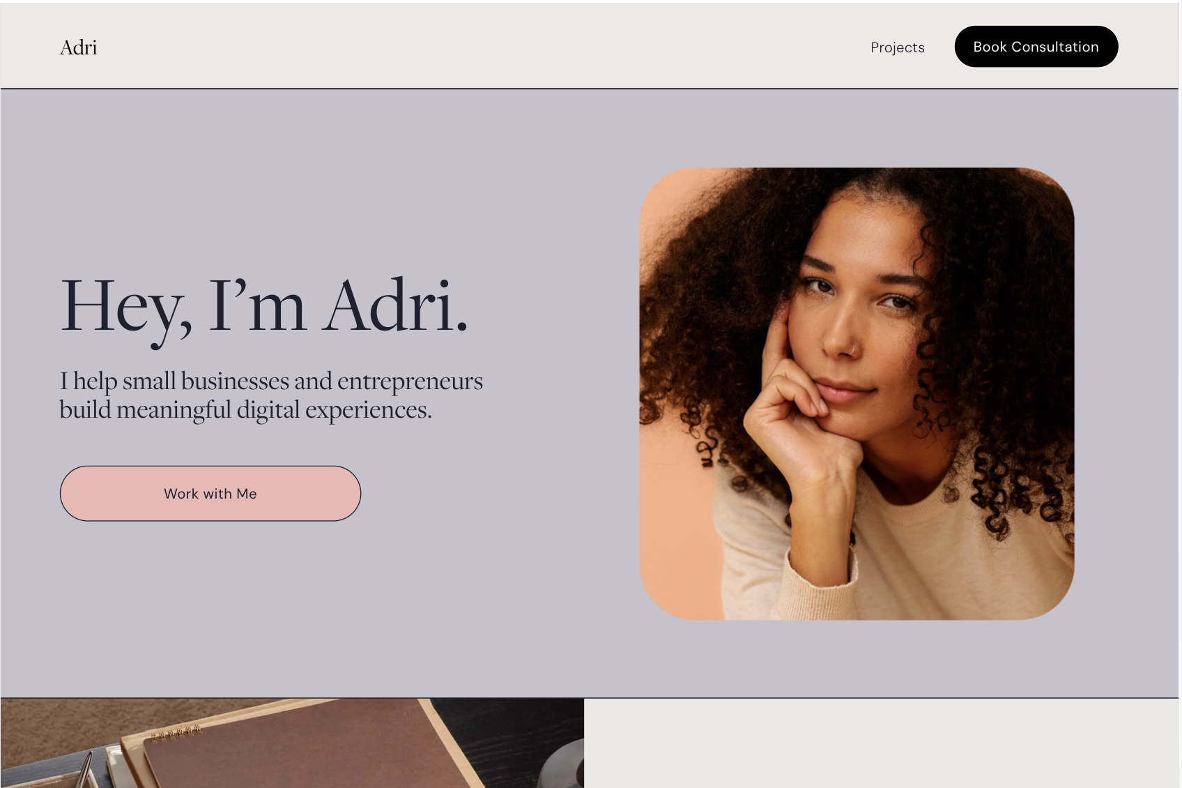 The homepage of Squarespace’s Adri template.