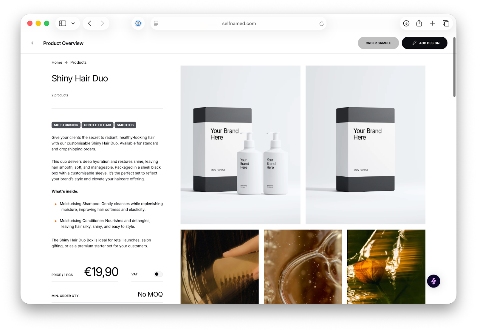 A product page for a white-labeled shampoo and conditioner.