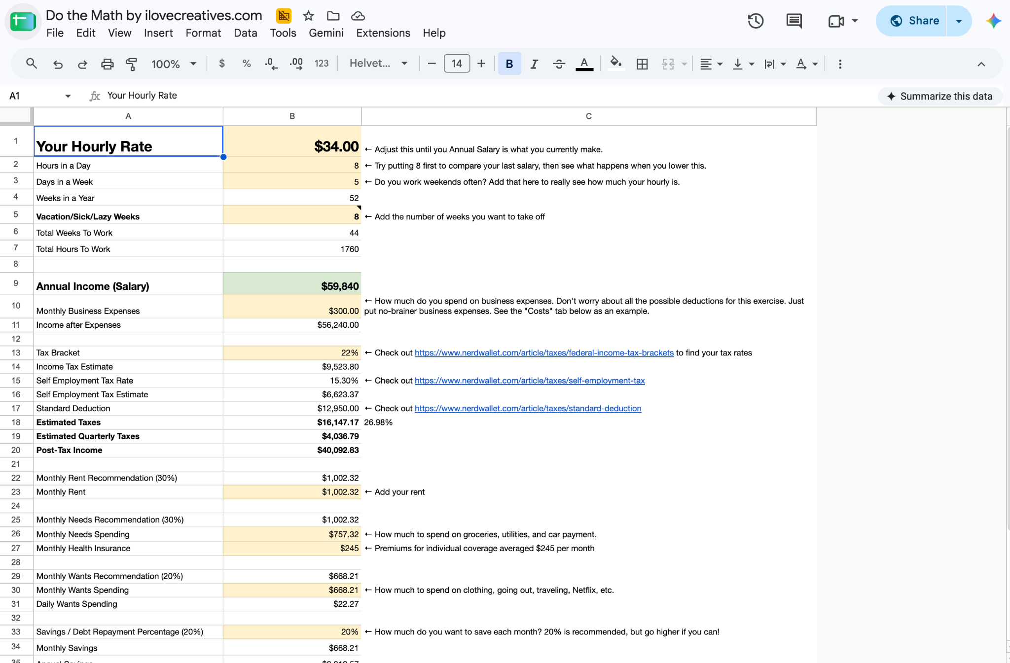 A preview of Puno’s “Do the Math” spreadsheet.