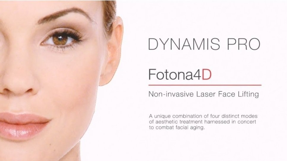Promotional image for Fotona4D Dynamis Pro non-invasive laser face lifting, featuring a woman's face on the left and text describing the treatment on the right.