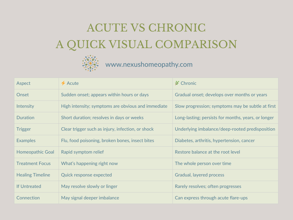 image is of a table comparing acute vs chronic from a homeopathic perspective