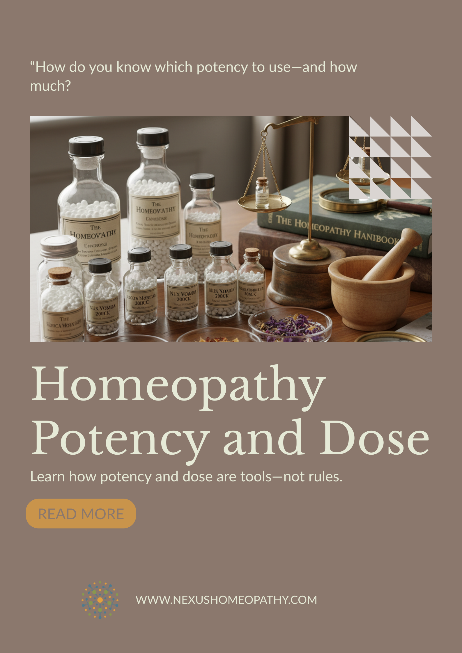 Poster with an image of homeopathic vials/books and introduction to the blogpost