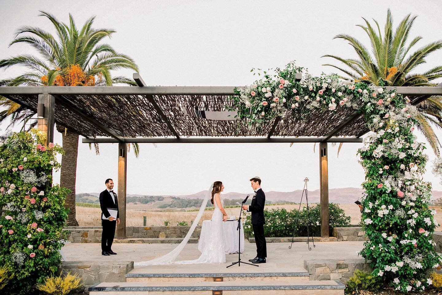 Such a pretty setting under the palm trees for a wine country wedding ceremony 🌴🌴