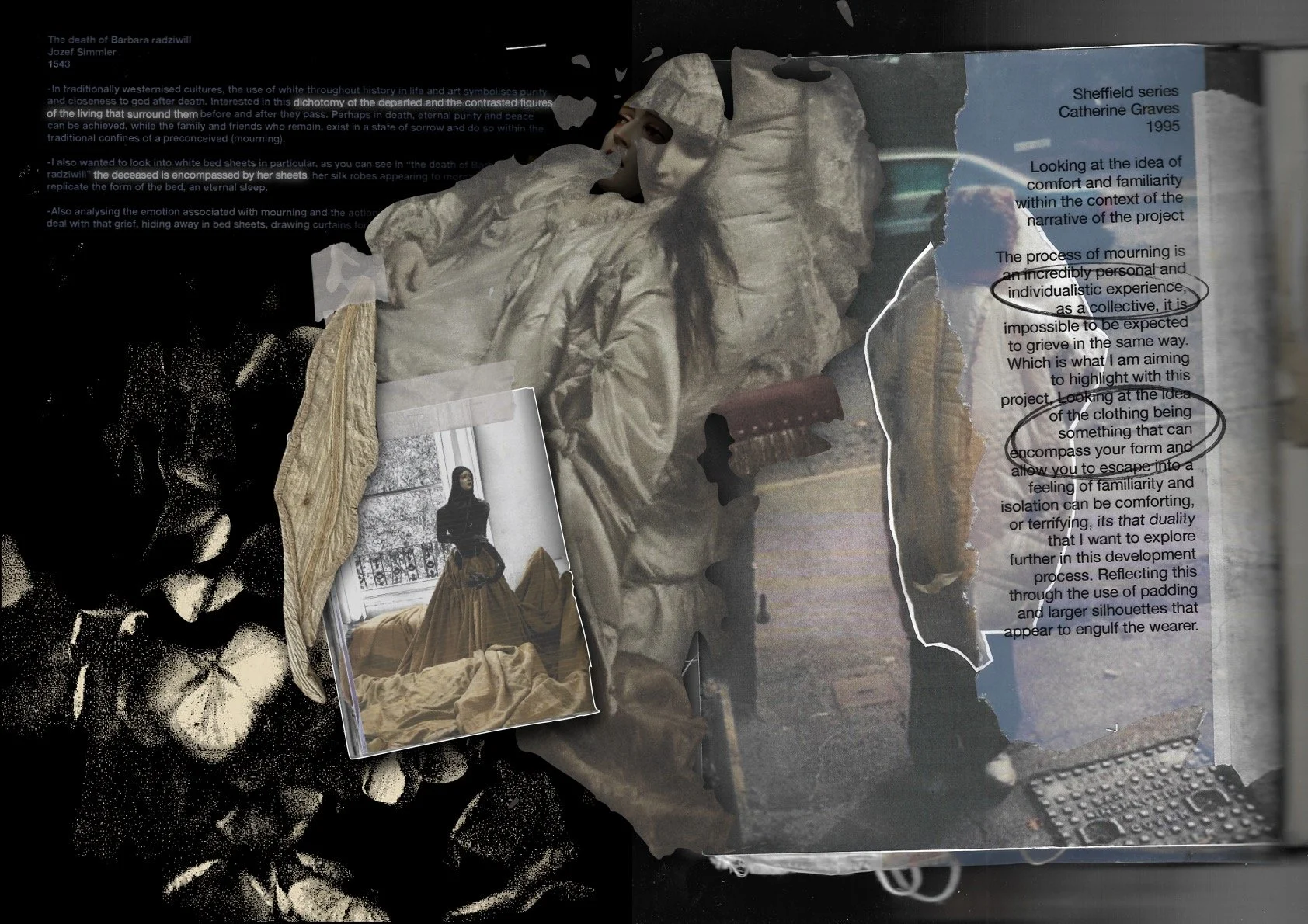 Developing concepts of comfort and individual experience with grief, idea of hiding away, Turing inward and using external comfort as a means of adapting internal dialogues.