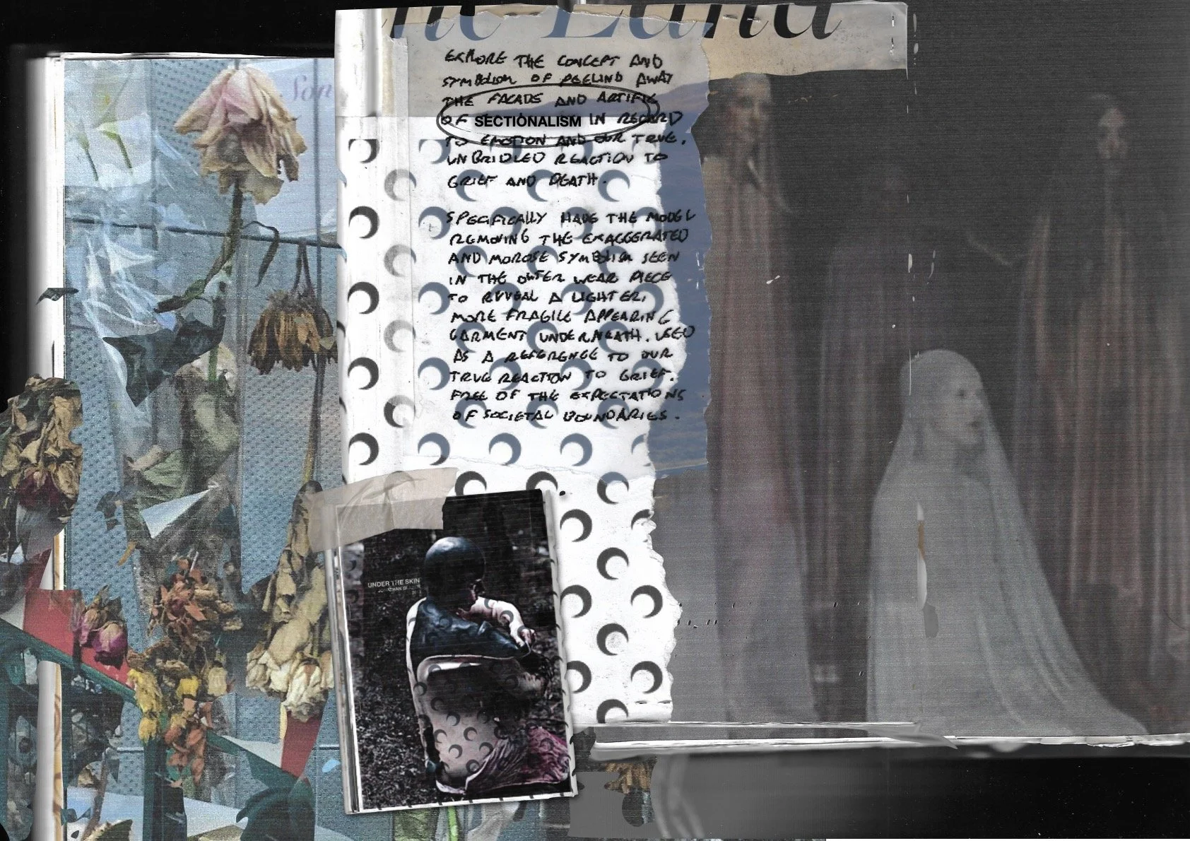 Analysing the emotion of grief and personal relationship with death in my immediate surroundings, idea of pulling back the veil of sorrow and performative mourning to reveal one's true relationship with death free of societies evaluation.