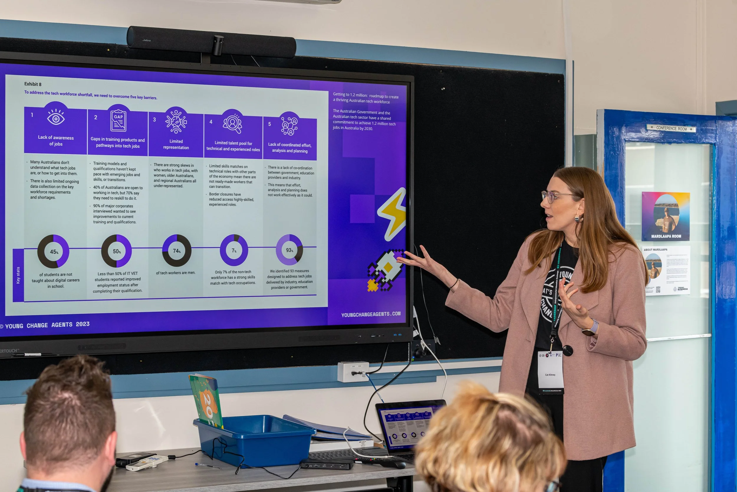 A woman gives a presentation in front of a large digital screen displaying a slide about tech workforce issues. She is pointing to the screen, wearing glasses, a beige coat, and a black shirt. There are people seated in front of her and a blue conference room door to the right.