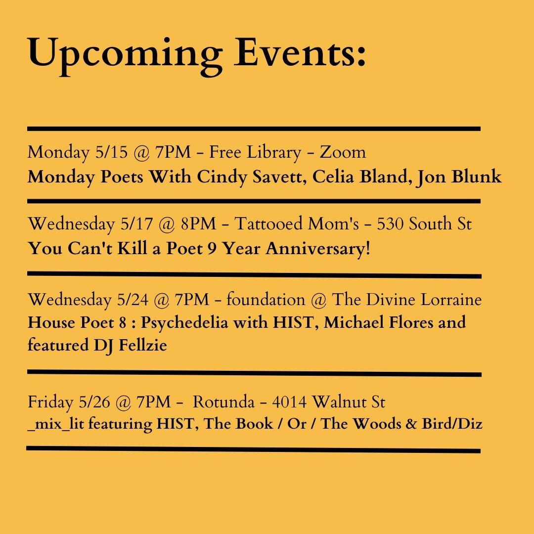 Hey all! Just a little reup and update to this month's readings... starting with MONDAY POETS with @lit_free_library tonight! This Month we feature Cindy Savett, Celia Bland and Jon Blunk.

This Wednesday find me in the company of @i_am_yates, @lexam