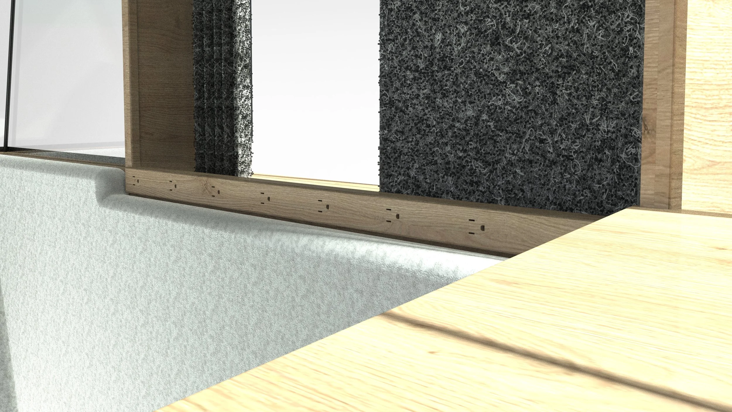 The inside of the pod contains a power strip that is wired back into the house and heavy felt curtains help add privacy and sound dampening from the rest of the house.