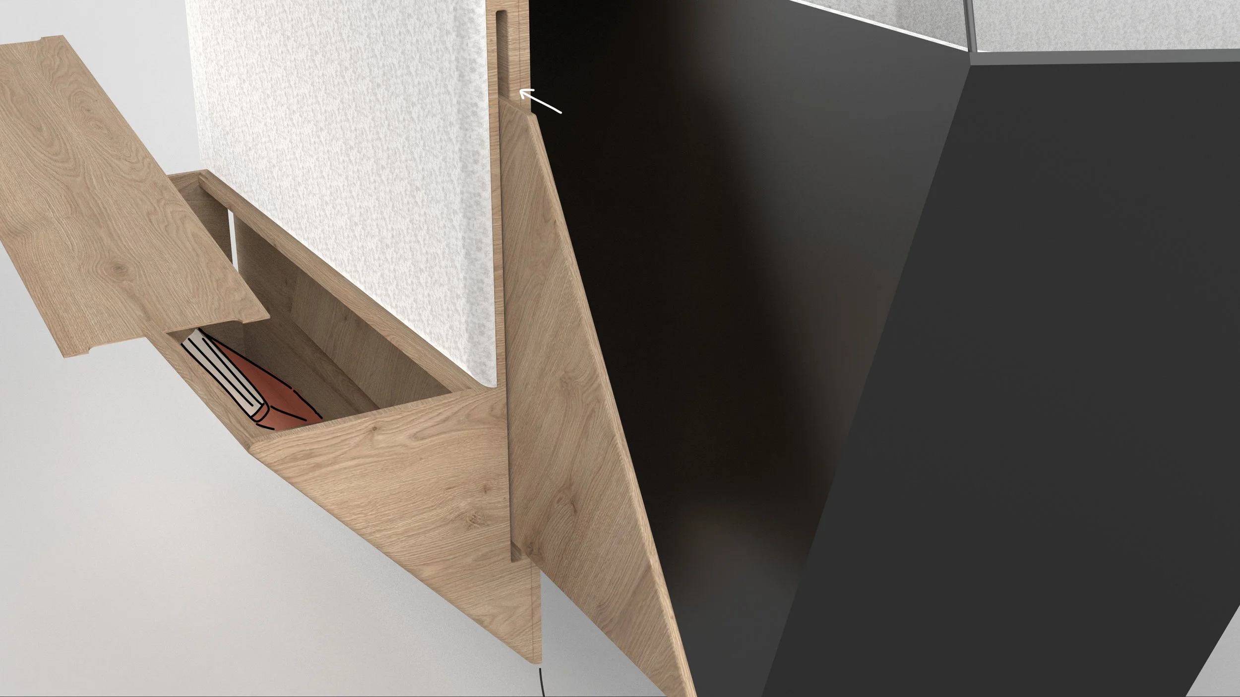 The interior frame of the pod acts as both as step to make entering the pod easy as well as a seat for people on the
inside of the building. The table and other small items can be stored in this step.