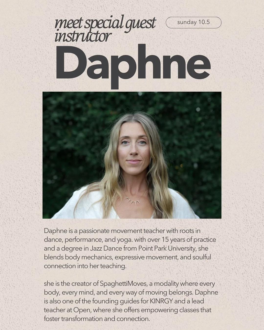 we are so thrilled to invite @daphnezahara to bodycraft for a special class Breathe+Move! Daphne and Emily were college friends at Point Park University, and Daphne has been leading movement experiences ever since. she is a gifted and ethereal guide,