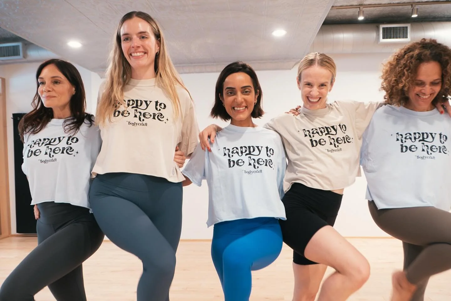 LAST CALL to get your hands on our &ldquo;happy to be here&rdquo; tee! we have exactly one of each left in size L. choose from tofu or sky blue and trust us when we say this is the ultimate pre/post class/lounge shirt. it&rsquo;s boxy, roomy, and goe