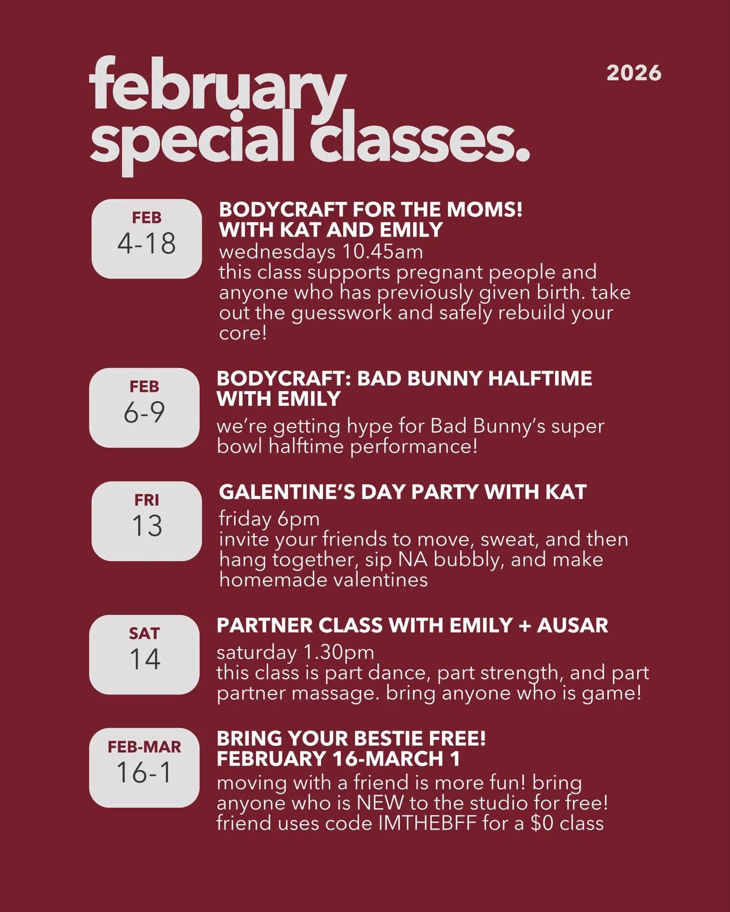 bring your gal pal, your lover, your roomie to class this month because this lineup is sooooo good! we&rsquo;re having a Galentine&rsquo;s Day party, a partner class, and of course, will be playing @badbunnypr next week!!