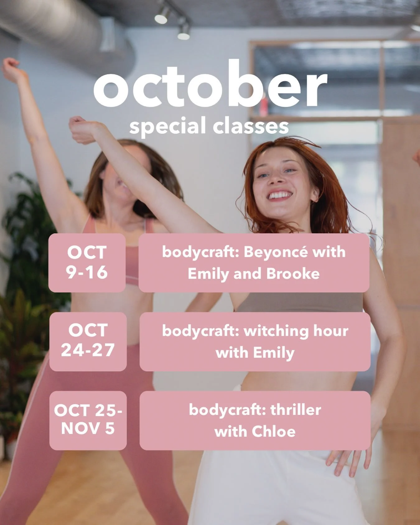 mark your calendars and book ahead for some special classes coming up! 

@brookelutz_ and @emdeers are teaming up and sharing their love for Queen Bey. then Emily will be bringing back witching hour to cast your spells and look into your crystal ball