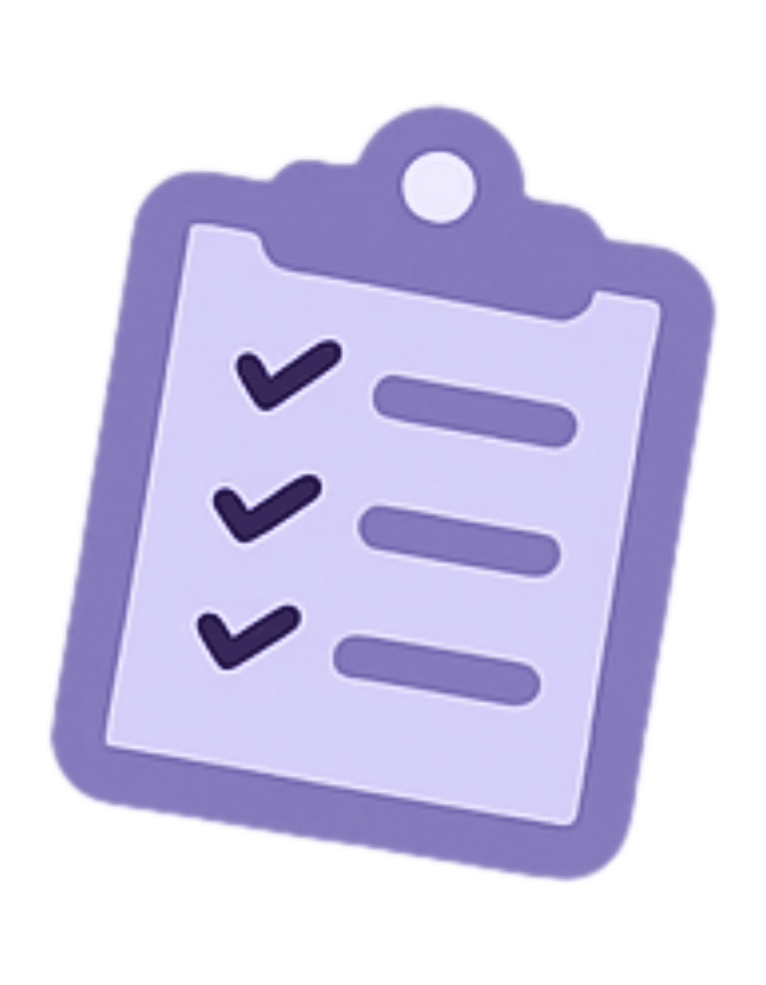 A purple clipboard with a checklist containing three checkmarks and corresponding lines of text.