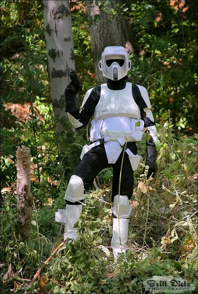 Star Wars Biker Scout cosplay. ABS plastic armor kit assembled by me.  Canvas and elastic webbing used to connect most parts. Some rivets and CA glue were also used. 