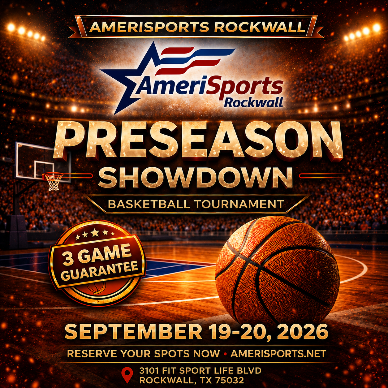 Poster for AmeriSports Rockwall basketball pre-season tournament on September 12-13, 2026, featuring the AmeriSports logo, a QR code, and the address 3101 Fit Sport Life Blvd Rockwall, TX 75032, with a basketball court background.