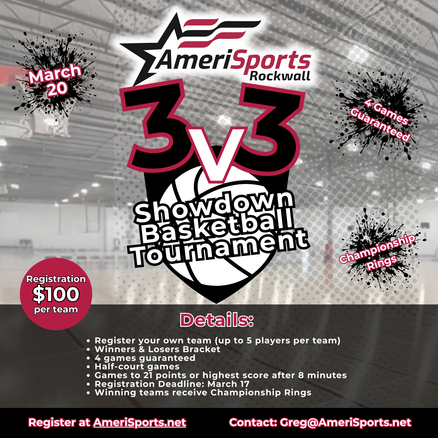 Flyer for AmeriSports Rockwall's 3 v 3 Showdown Basketball Tournament on March 20. Registration is $100 per team, with up to 5 players per team. The tournament features a winners and losers bracket, 4 guaranteed games, half-court games, and games to 21 points or the highest score after 8 minutes. Registration deadline is March 17. Winning teams receive championship rings. Contact information includes email Greg@AmeriSports.net and registration at AmeriSports.net.