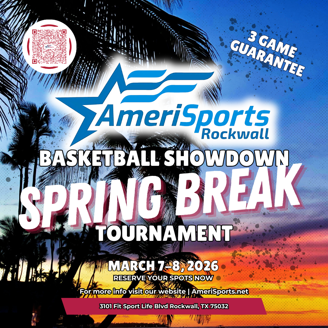 Flyer for AmeriSports Rockwall Basketball Spring Break Tournament, March 7-8, 2026, with a sunset and palm trees in the background, featuring a QR code, 3-game guarantee, and location details in Rockwall, Texas.
