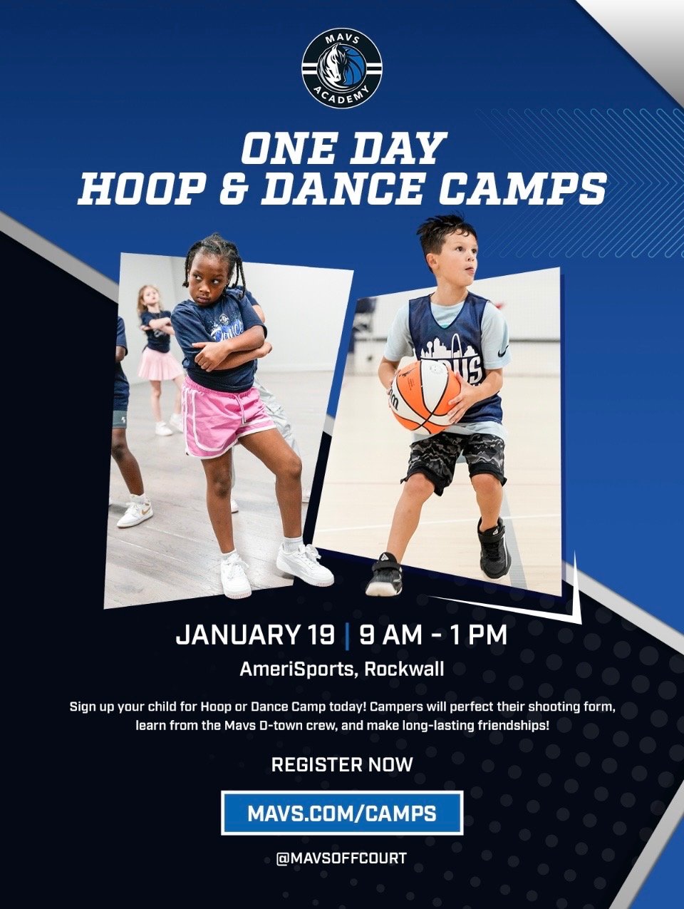 Poster advertising one-day basketball and dance camps on January 19 from 9 am to 1 pm at AmeriSports in Rockwall. Features children playing basketball and dancing.