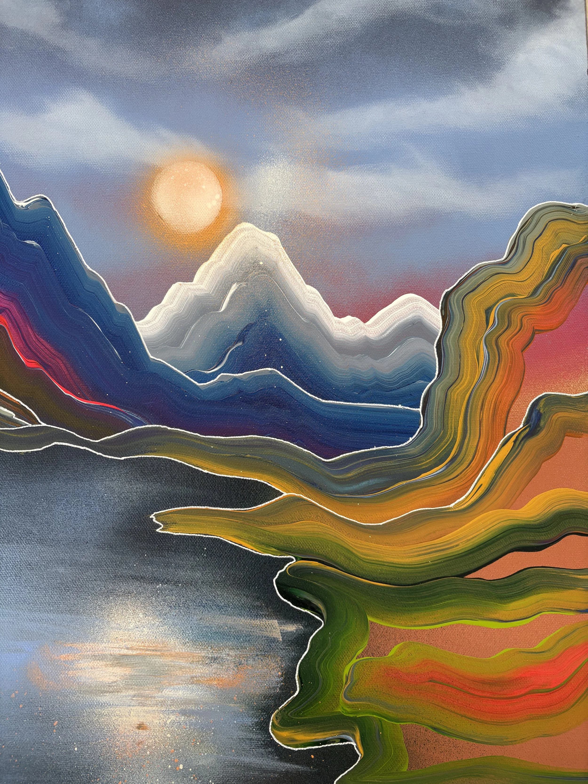 A vibrant abstract landscape celebrating self-growth and inner alignment. Rise Into Your Own invites viewers to choose the path that nourishes the spirit by Colorado artist Jessie Belisle.