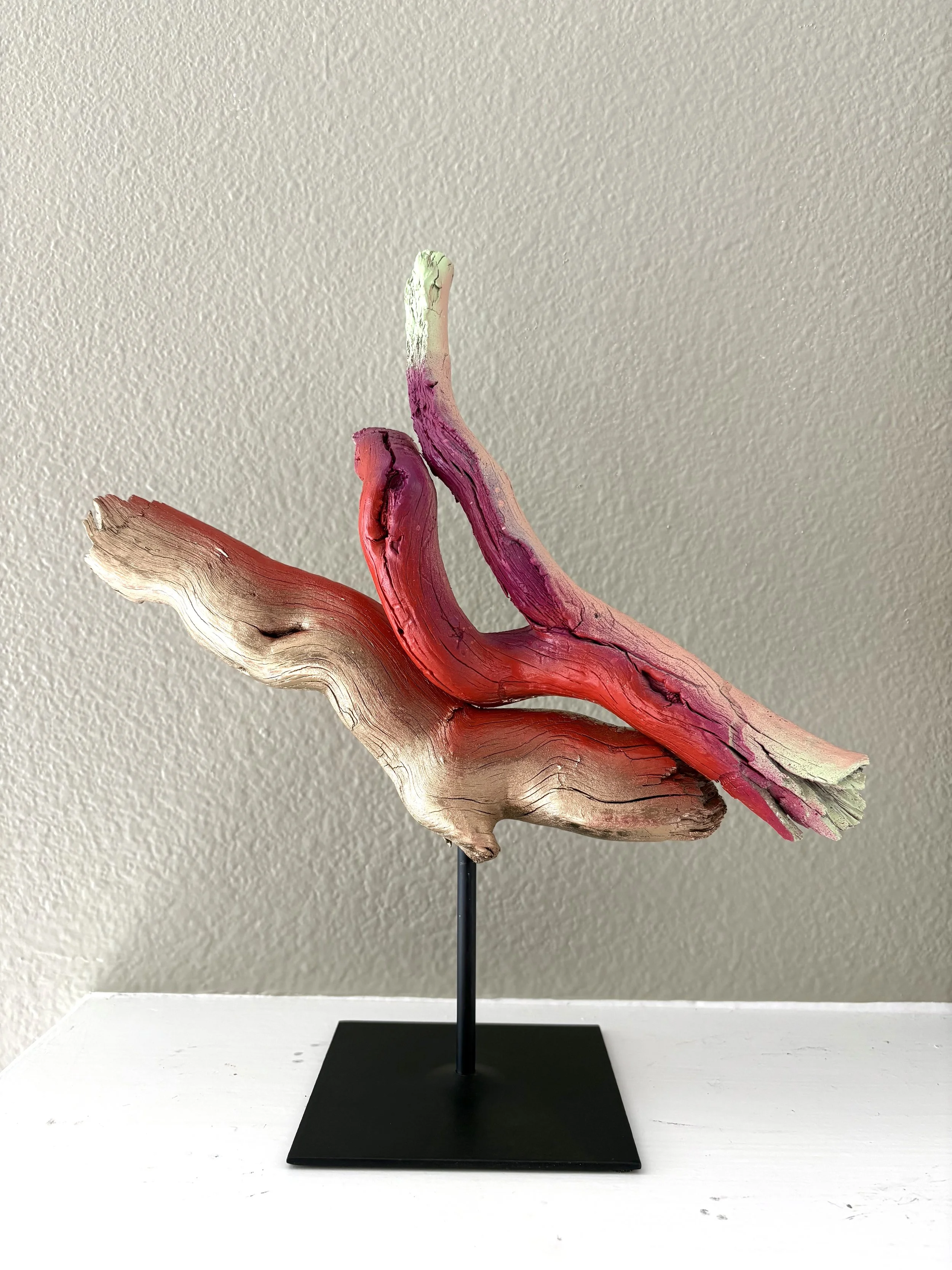 Rooted in Motion — contemporary abstract wood sculpture by Colorado artist Jessie Belisle, crafted from found weathered wood exploring balance, resilience, and transformation.