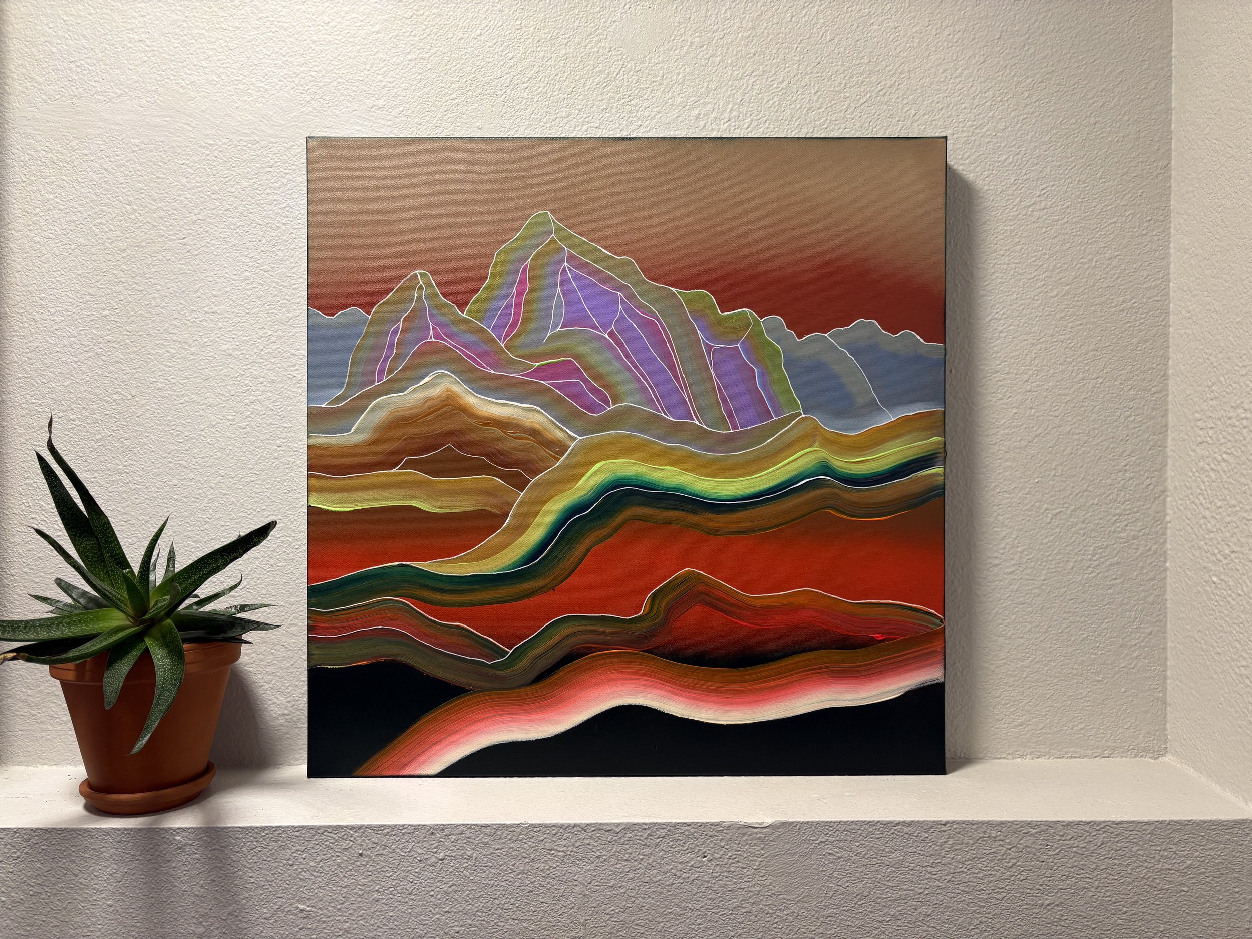 Contemporary abstract mountain painting by Colorado artist Jessie Belisle, depicting mountains as faceted gemstones and honoring nature as something precious.